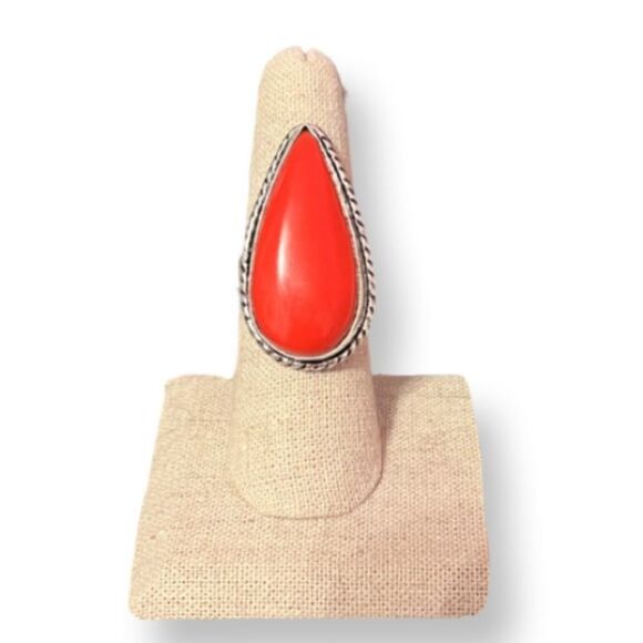 NEW Silver Plated Genuine Coral Teardrop Ring - Picture 1 of 3